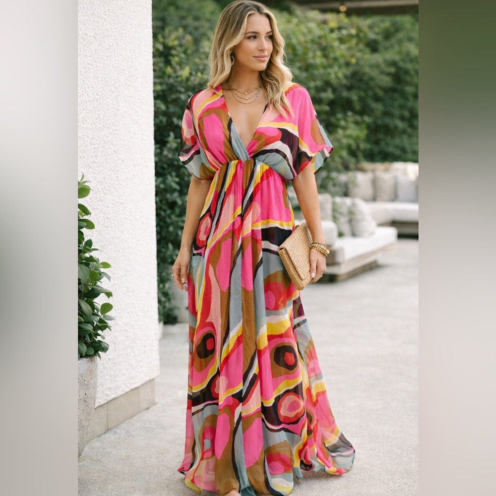 Colorful Abstract Print Maxi Dress Boho Resort Vacation European Summer M - Picture 3 of 13
